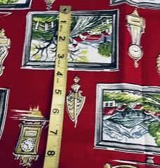 VTG `40-50`s BARKCLOTH Landscape Paintings and Colonial Decor on Red 34″x25½”