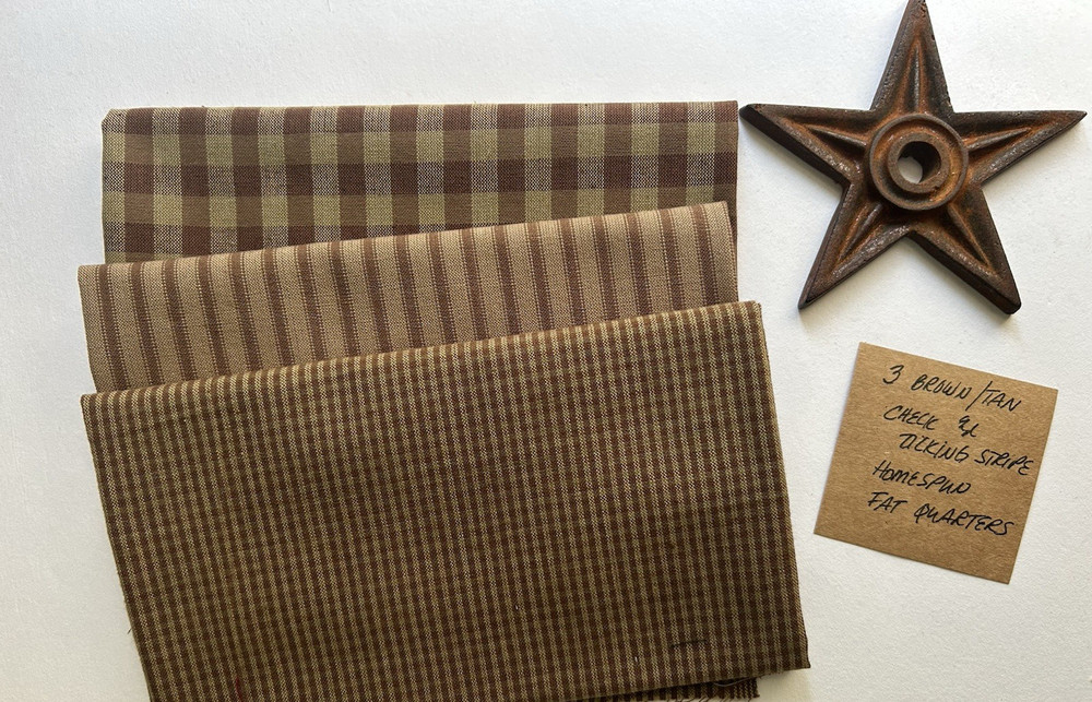 3 BROWN/TAN Check and Ticking Stripe Homespun Fat Quarters 100% Cotton