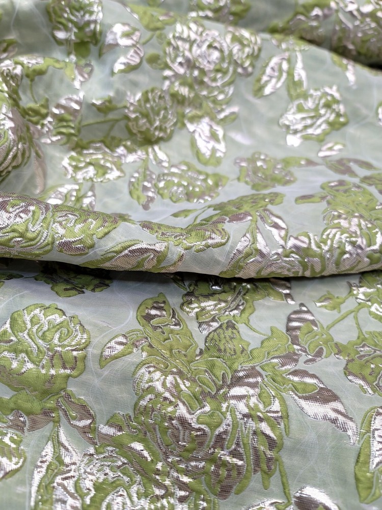 LIME GREEN GOLD Floral Metallic Brocade Fabric Sold By The Yard FOR DRESS