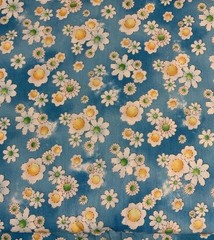 Daisy Floral Fabric By RED Original Designs White Yellow On Distressed Blue BTHY