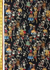 Fiesta De Los Muertos Black & Turquoise Blue Alexander Henry Fabric