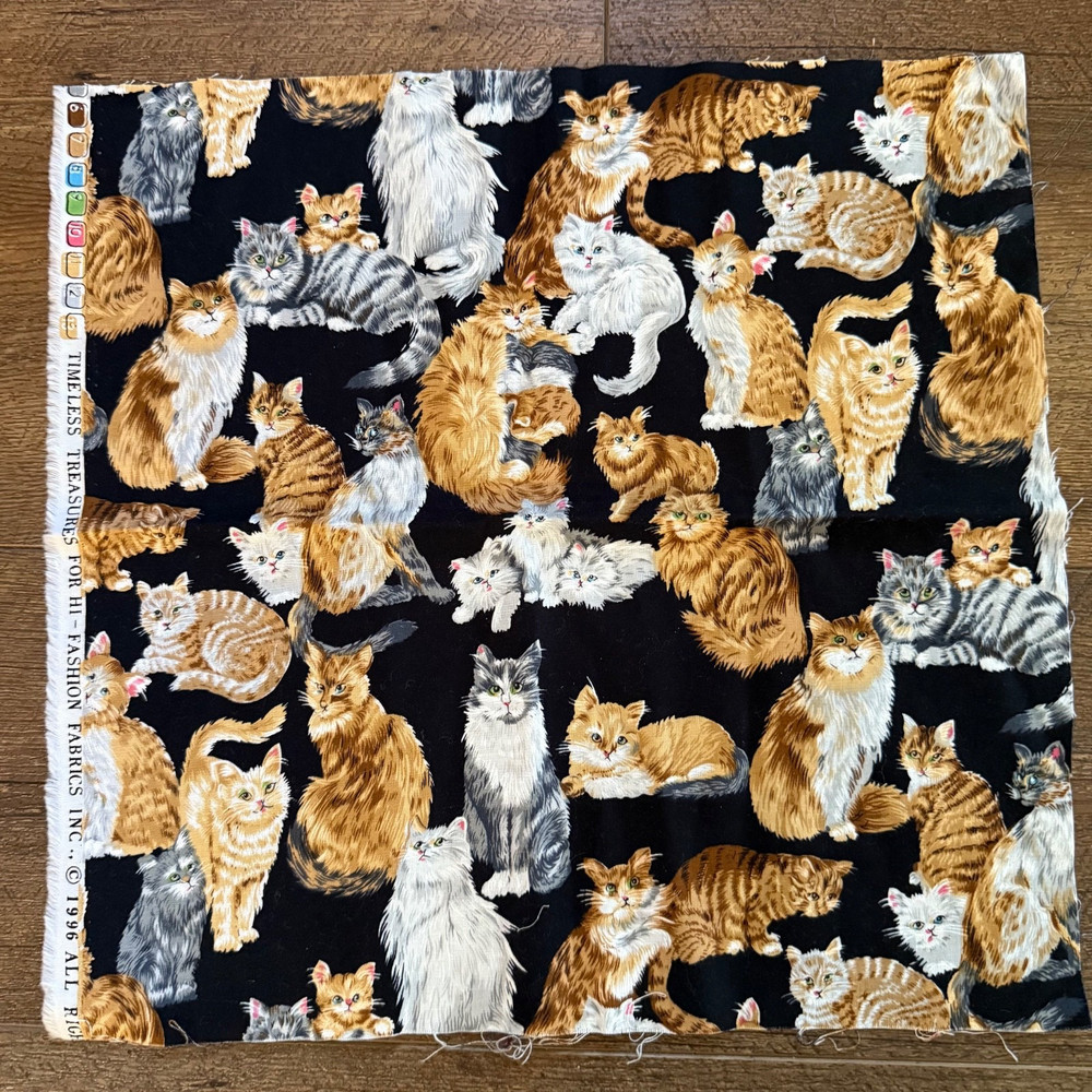One Piece Timeless Treasures Cat Fabric Black Background 14 1/2″ x 14 1/2″