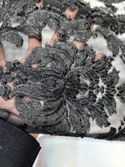 Embroidered Stretch Lace Apparel Fabric Sheer Black Floral Gold Accent – 52″ Wid