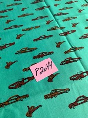 Retro Car Print Cotton Fabric 1/2 yard x 44″ Green & Red Vintage Quilting