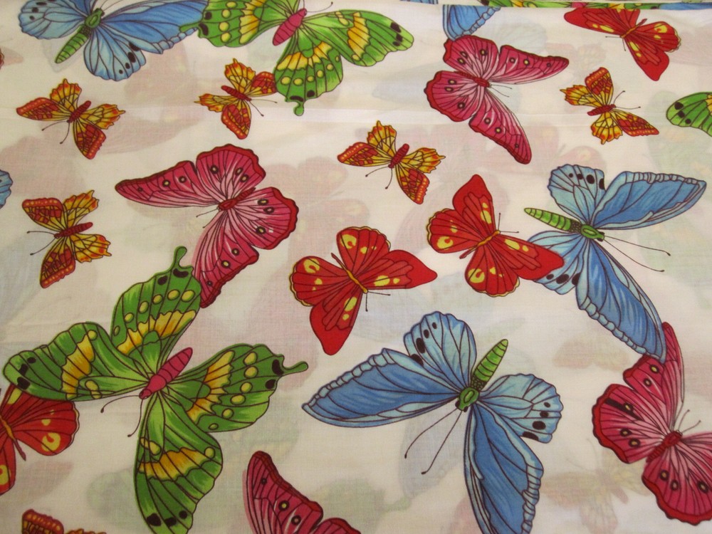Cotton Fabric Butterflies Red Blue Green On White BTY 56
