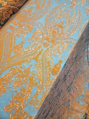 Orange Sequin Embroidered Lace Brown Stretch Mesh Fabric by the Yard For Dress
