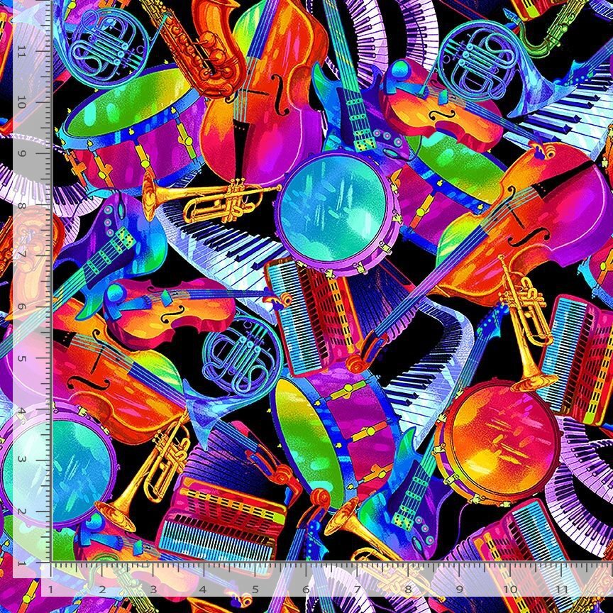 Music Fabric | Jazz Fusion Rainbow Instrument Toss | Timeless Treasures YARD