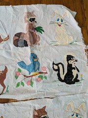 Vintage Hand-Painted Woodland Animal Fabric Panels (2) 19×22 Squirrel Raccoon
