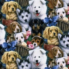 CUTE PUPPIES IN BASKET GARDEN FLORAL FLEECE FABRIC BTY 58″ WIDE WARM FLUFFY SEW