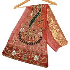 Sanskriti Vintage Design Fabric Hand Beaded Indian Craft Dark Red Patch Work