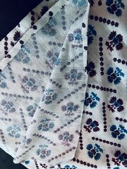 VTG Mid Century Brown & Blue on Wht Floral Knit Fabric Minimal Stretch 56″x 54″