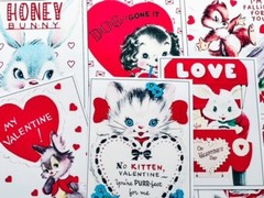 Set of 9 Vintage Retro Valentine Animals & Hearts Quilt Cotton FABRIC Panels