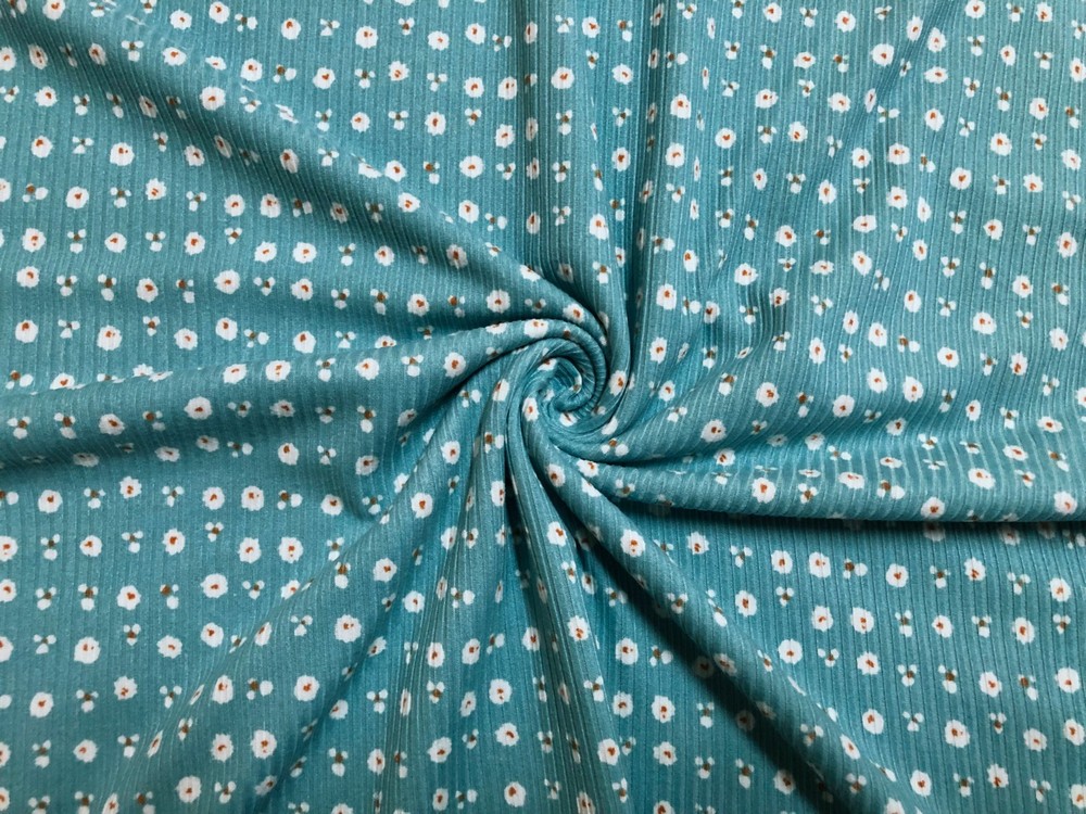Rib Knit Fabric Persian Green Ditsy Daisy 4 Way Stretch 60″W By Yard-RBPR080