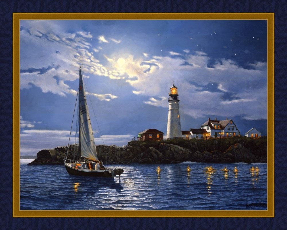 SERENITY 36″ X 45″ Quilt Panel Fabric Lighthouse Sailboat On Calm Waters