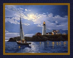 SERENITY 36″ X 45″ Quilt Panel Fabric Lighthouse Sailboat On Calm Waters