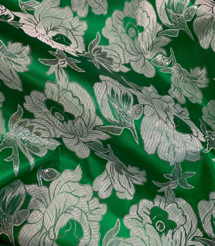 Large Kelly Green & Silver Flowers – Faux Silk Brocade Jacquard Fabric