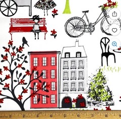 Red & Black Paris Print on White Novelty Fabric by Waverly, BTHY