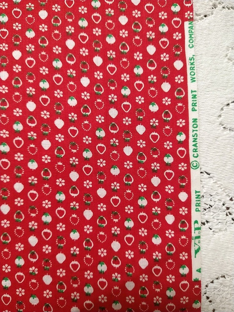 Vintage Cranston Tiny Floral Berries Ornaments Red Cotton Fabric BTFQ 18×22