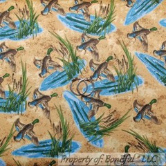 BonEful Fabric FQ Cotton Quilt Brown Blue Wood Duck Hunt Water Cabin Country Kid