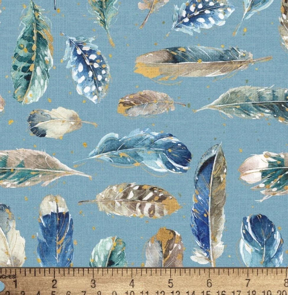 David Textiles Cotton Fabric Cut – Blue & Gold Feathers (1 Yard, 100% Cotton)