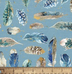 David Textiles Cotton Fabric Cut – Blue & Gold Feathers (1 Yard, 100% Cotton)
