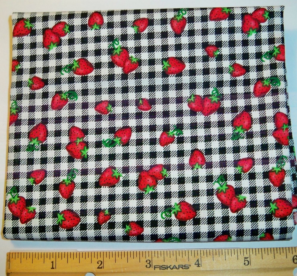 Joann Fabrics Little Red Strawberries on White/Black Check Fat Quarter