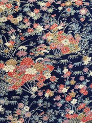 Vintage Japanese kimono silk fabric Chirimen/ navy blue, fans OT14