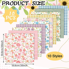 10 Pcs Floral Gingham Quilting Fabric Bundles 20 X 20 Inch Colorful Flower Fat Q
