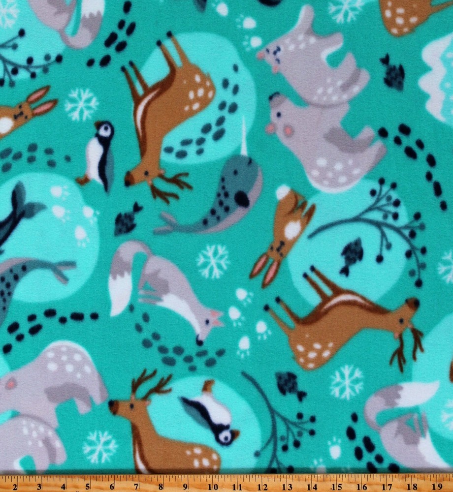 Fleece Polar Pals Winter Animals Kids Turquoise Fabric Print by the Yard A326.23