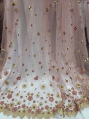 Fabric By The Yard 3d Gold Floral Embroidery Lace On Dusty Rose Mesh Pearls