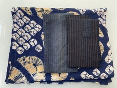 Vintage Japanese BORO Indigo Shibori & Shima Stripe Kasuri Fabric Lot 3pc