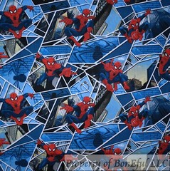 BonEful Fabric FQ Cotton Quilt B&W Gray Red Spiderman Super Hero City Spider Web