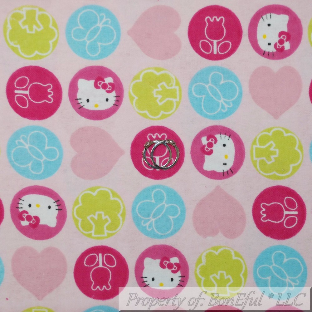 BonEful Fabric FQ Cotton Flannel Pink HELLO KITTY Girl Flower Dot Aqua Blue RARE