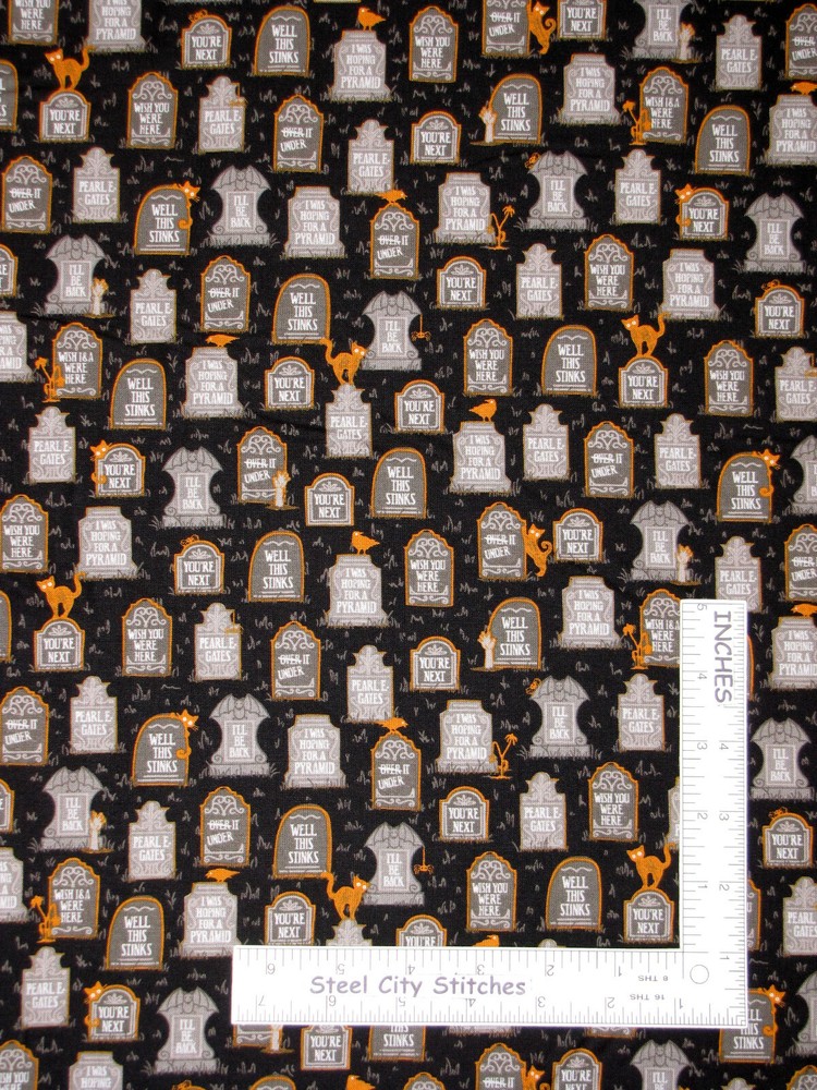Halloween Cemetery Grave Stones Black Cotton Fabric QT Boos Ghouls 12″ Length