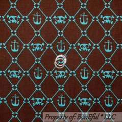 BonEful Fabric FQ Cotton Quilt Brown Aqua Blue PIRATE Skull Skeleton Cross Bone