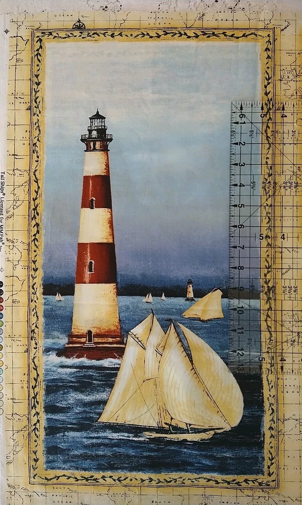 Lighthouse Fabric Panel 23×13 Blue Red & White Nautical Ocean Sea Tall Ships