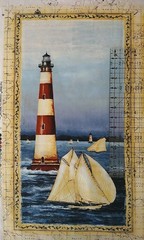Lighthouse Fabric Panel 23×13 Blue Red & White Nautical Ocean Sea Tall Ships