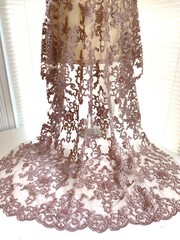 Helena DUSTY PINK Embroidered Damask Pattern with Faux Pearls and Beads on Mesh
