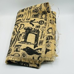 Sewing Theme Burlap Fabric Beige Black 1+ Yard x 48” Scissors Pins Mannequin