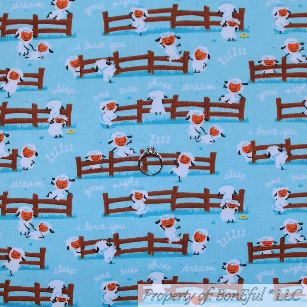 BonEful Fabric FQ Cotton Flannel Quilt VTG Blue White Sheep Farm Animal Baby Boy
