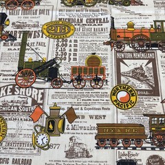 House N Home Vtg Train Locomotive Railroad Newsprint Fabric 2.5 Yards Americana