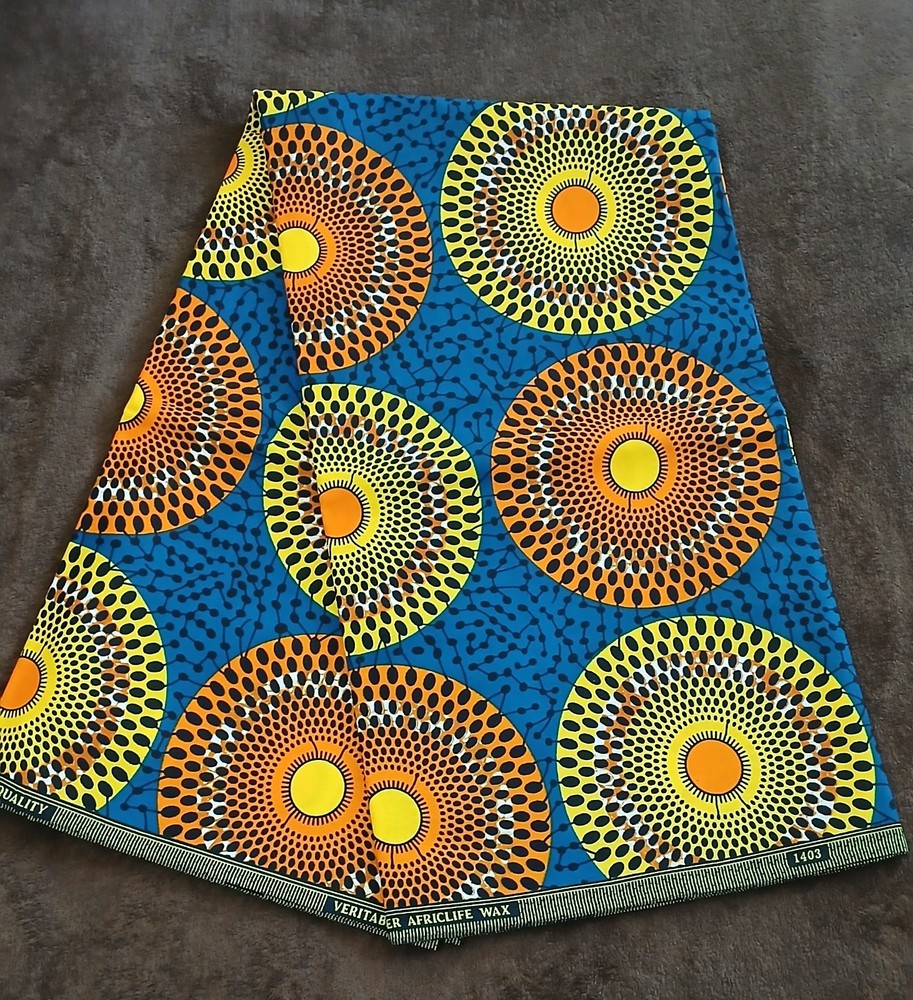 Blue, Orange & Yellow African Wax Print Fabric 6 Yards Bold Circle Ankara Fabric