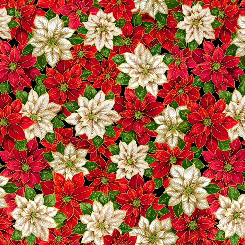 BTHY Christmas Poinsettia Cream Red Metallic Black Cotton Fabric By Half Yard