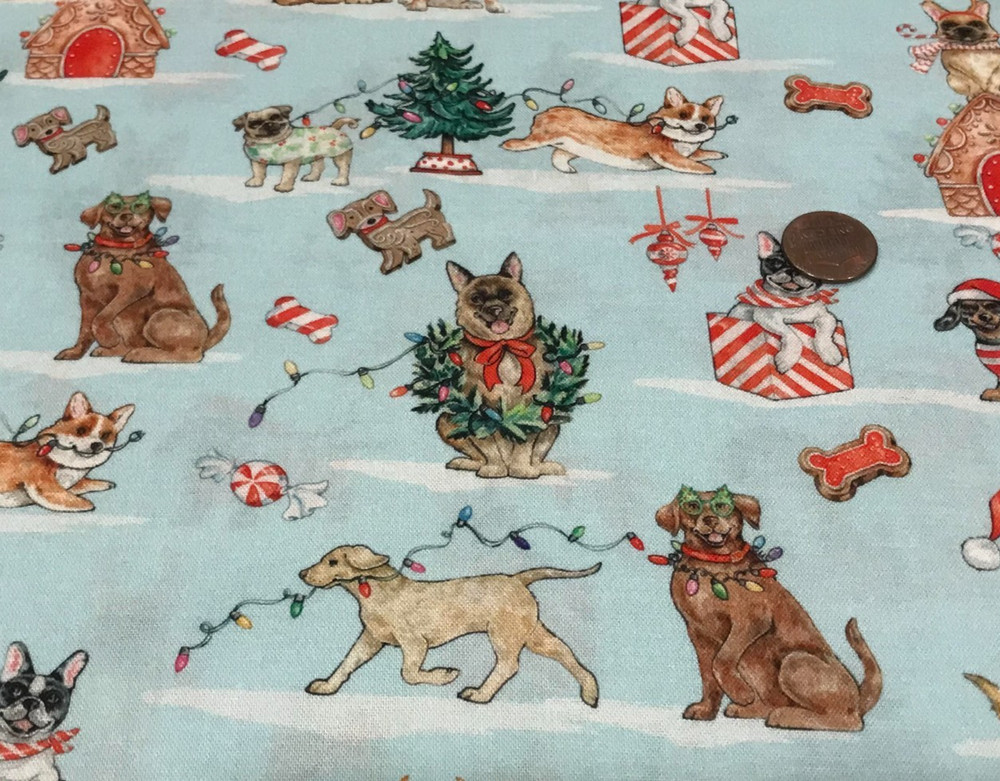 Christmas*Cute Dogs* Decorating* Light Strings*Trees*Wreaths *100% Cotton*8″x22″