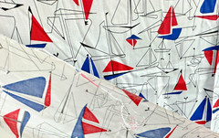 Vintage Sailboat Fabric MCM Mid Century Material 36 x 44 Red White Blue Line Art