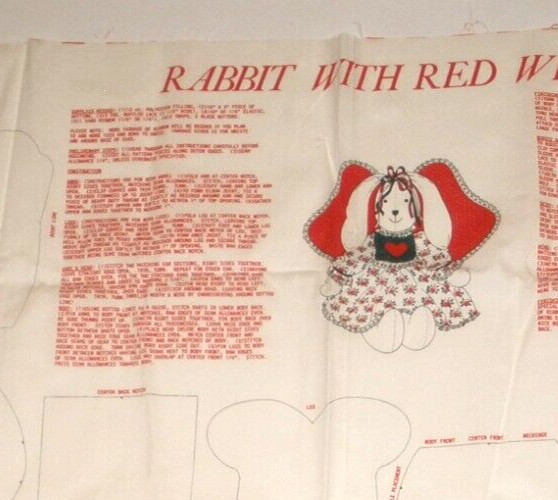 Rabbit with Red Wings , Cut and Sew Cotton Vintage Fabric Panel