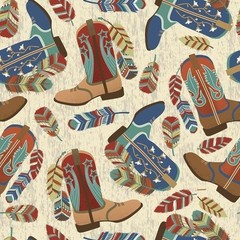Western Boots Feathers Sewing Fabric Pre-Cut 1 Yd X 44 In Cotton Craft Clothing