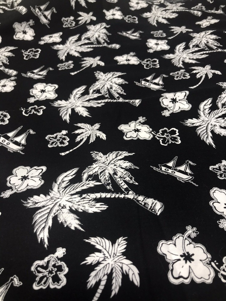 Black White Tropical Fabric Sailboat Island Palm Tree Poly Cotton Over 2 Yards F