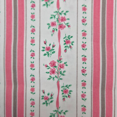 Vintage Cotton Fabric Floral Stripe Pink Ribbon White 69″ x 43″ Wide Crisp