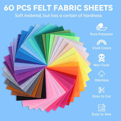 60PCS Felt Fabric Sheets Craft Kit – 4″x 4″ + 4″x 6″+ 8″x 12″ Assorted Colors –